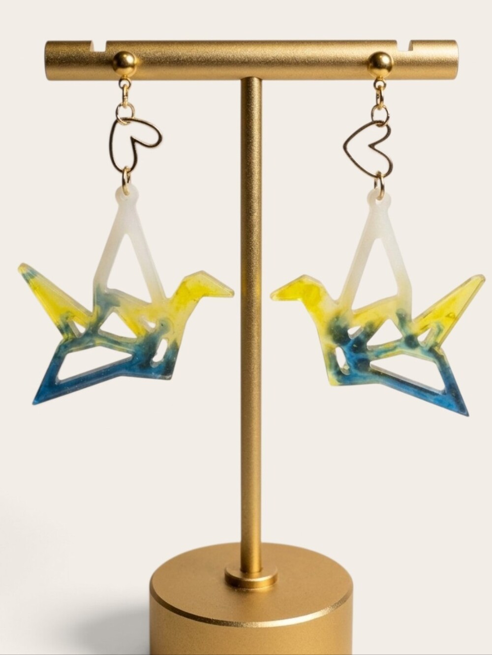 Blue & Yellow Origami Bird Earrings | Gold Heart Link Hypoallergenic Dangles
